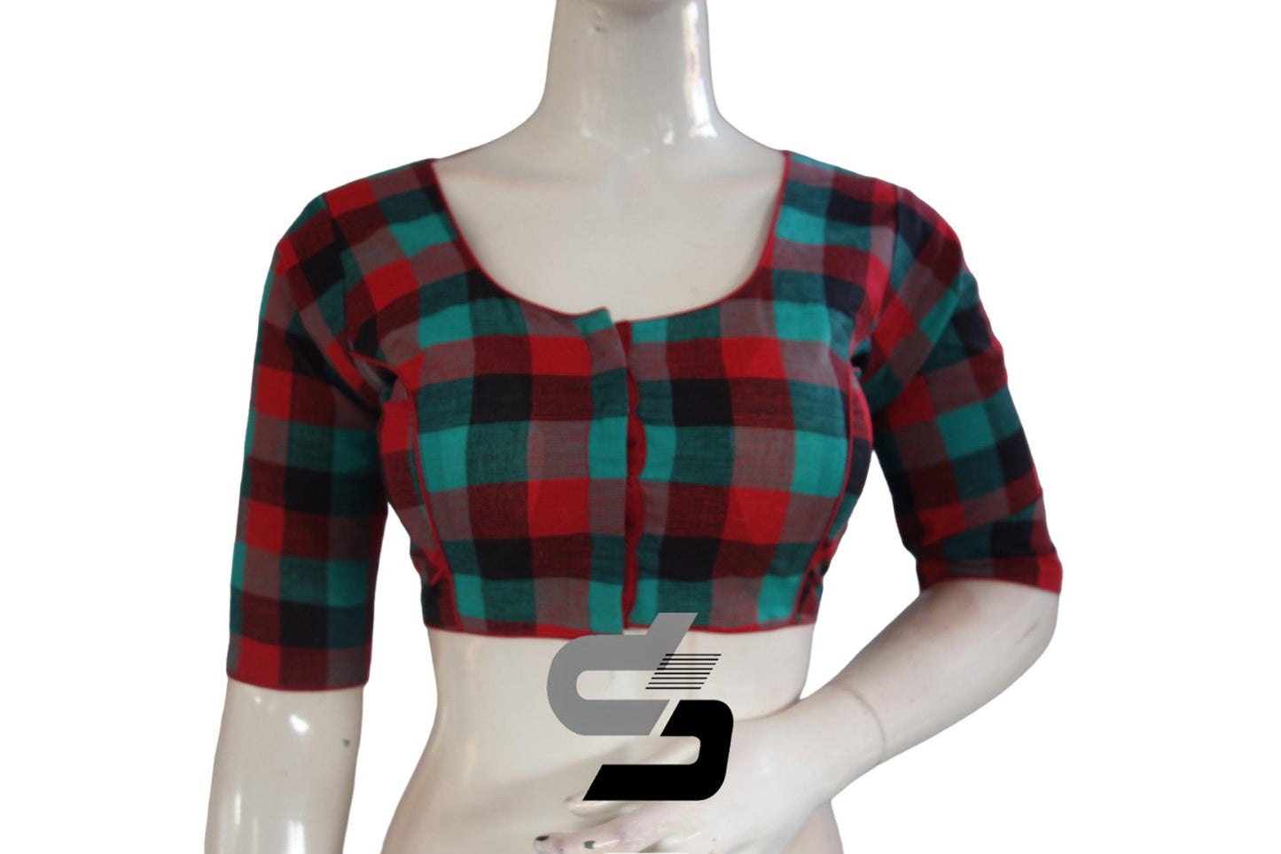 Red Color 3/4 th Cotton Checks Readymade saree blouse , Indian Cotton Readymade blouse - D3blouses