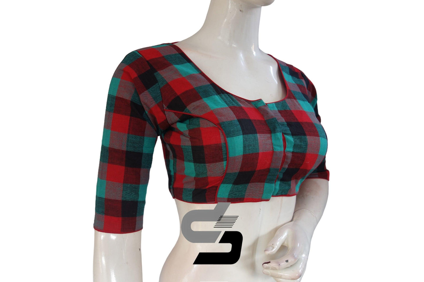 Red Color 3/4 th Cotton Checks Readymade saree blouse , Indian Cotton Readymade blouse - D3blouses