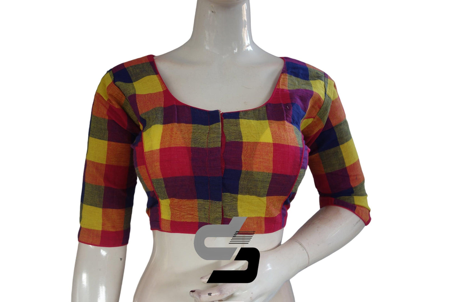 Pink Color 3/4 th Cotton Checks Readymade saree blouse , Indian Cotton Readymade blouse - D3blouses