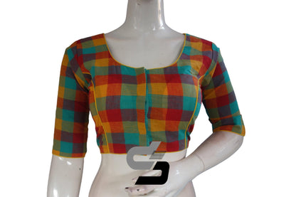 Yellow Color 3/4 th Cotton Checks Readymade saree blouse , Indian Cotton Readymade blouse - D3blouses