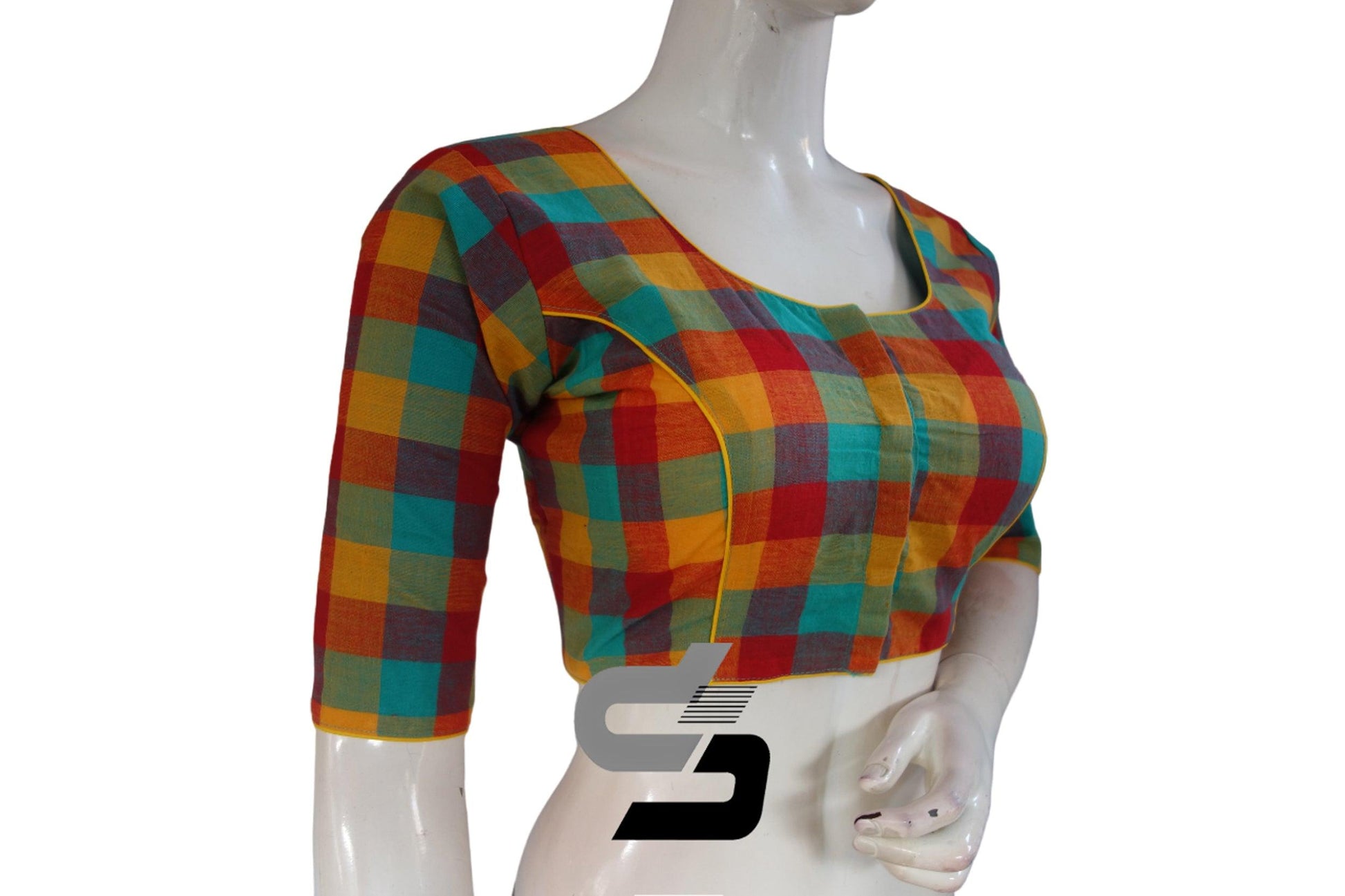 Yellow Color 3/4 th Cotton Checks Readymade saree blouse , Indian Cotton Readymade blouse - D3blouses