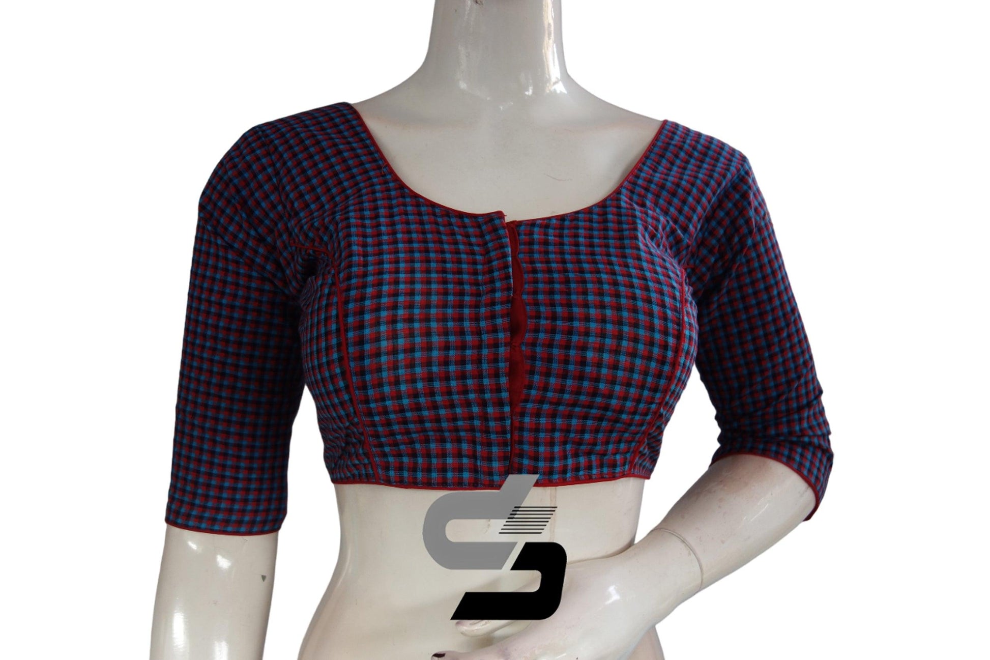 3/4 th Cotton Checks Readymade saree blouse , Indian Cotton Readymade blouse - D3blouses