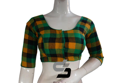 Green 3/4 th Cotton Checks Readymade saree blouse , Indian Cotton Readymade blouse - D3blouses