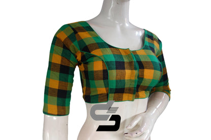 Green 3/4 th Cotton Checks Readymade saree blouse , Indian Cotton Readymade blouse - D3blouses