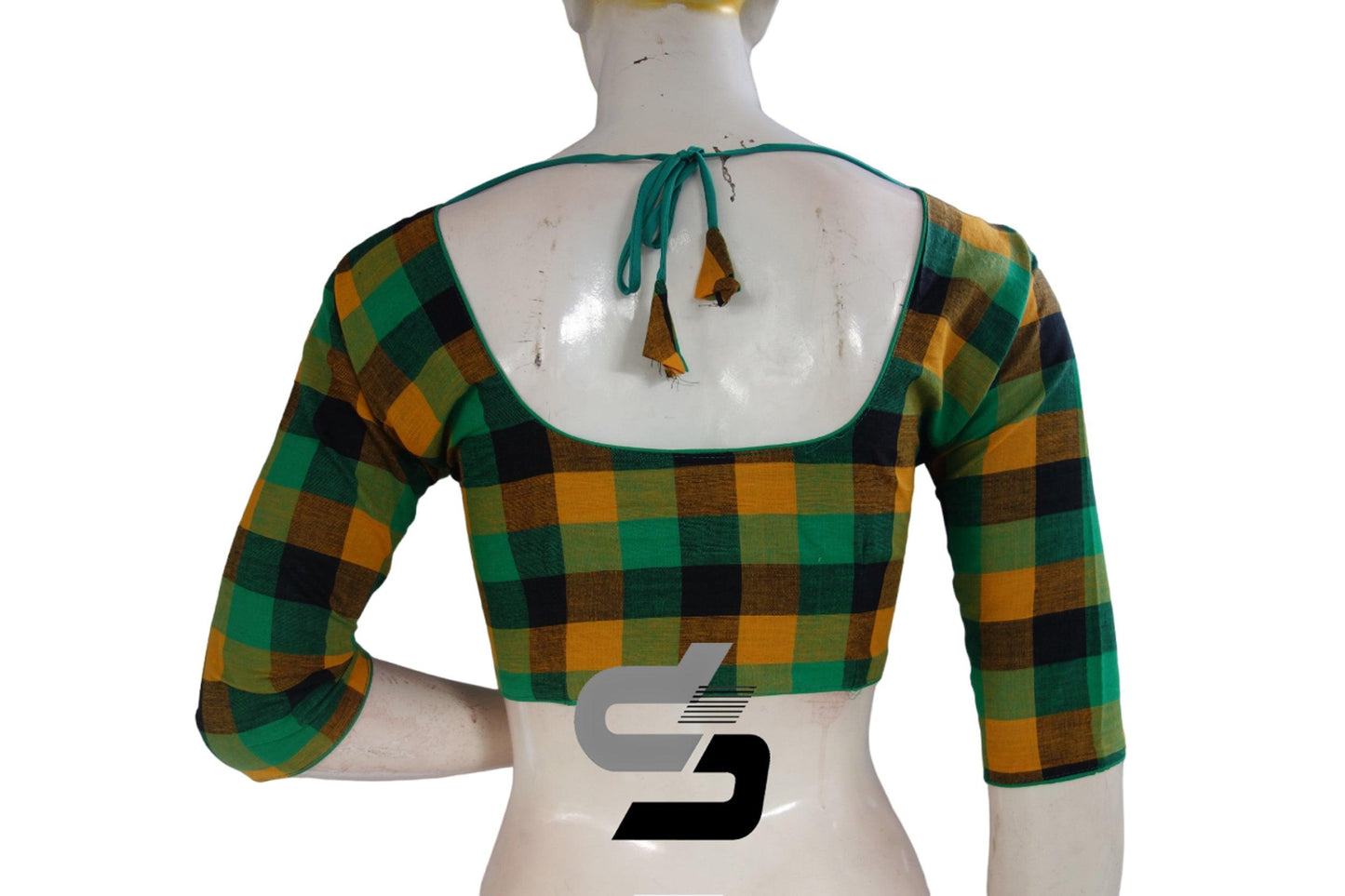 Green 3/4 th Cotton Checks Readymade saree blouse , Indian Cotton Readymade blouse - D3blouses