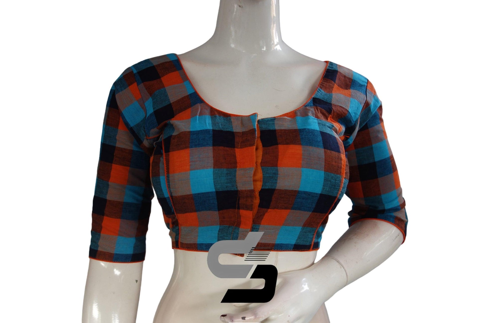 Orange 3/4 th Cotton Checks Readymade saree blouse , Indian Cotton Readymade blouse - D3blouses