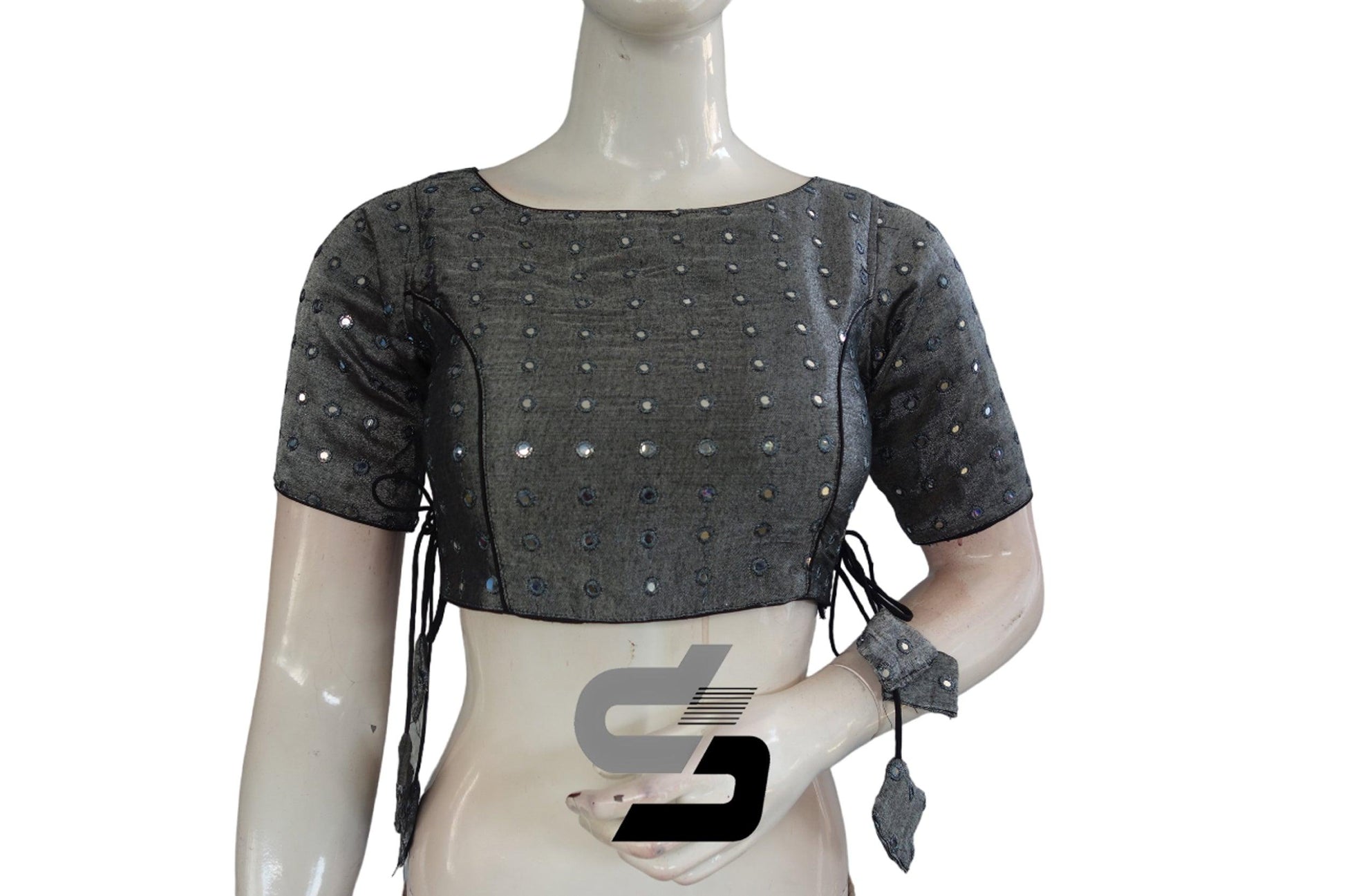 Grey Color Foil Mirror Boat Neck Designer Readymade Matching Saree Blouse - D3blouses