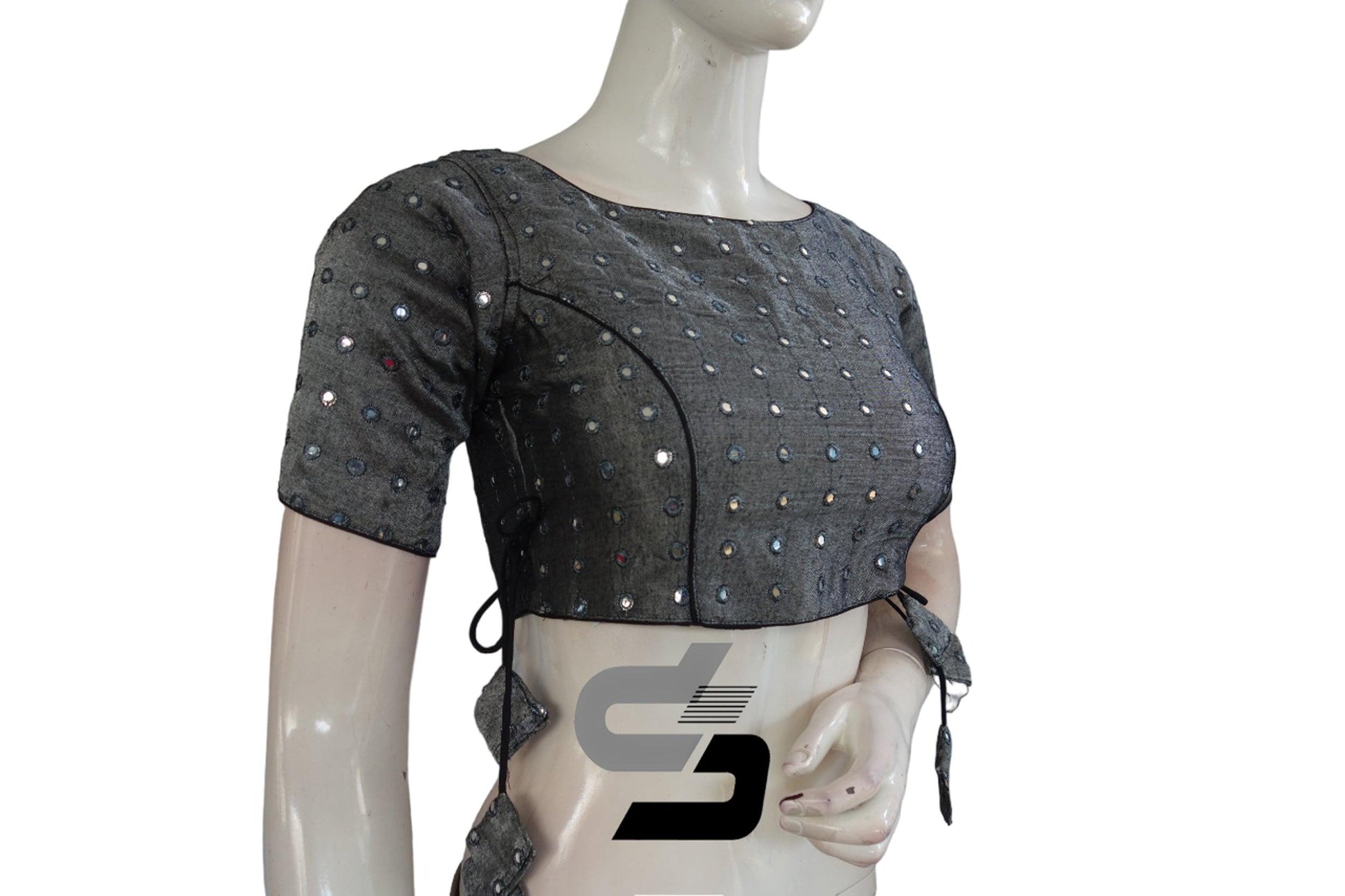 Grey Color Foil Mirror Boat Neck Designer Readymade Matching Saree Blouse - D3blouses