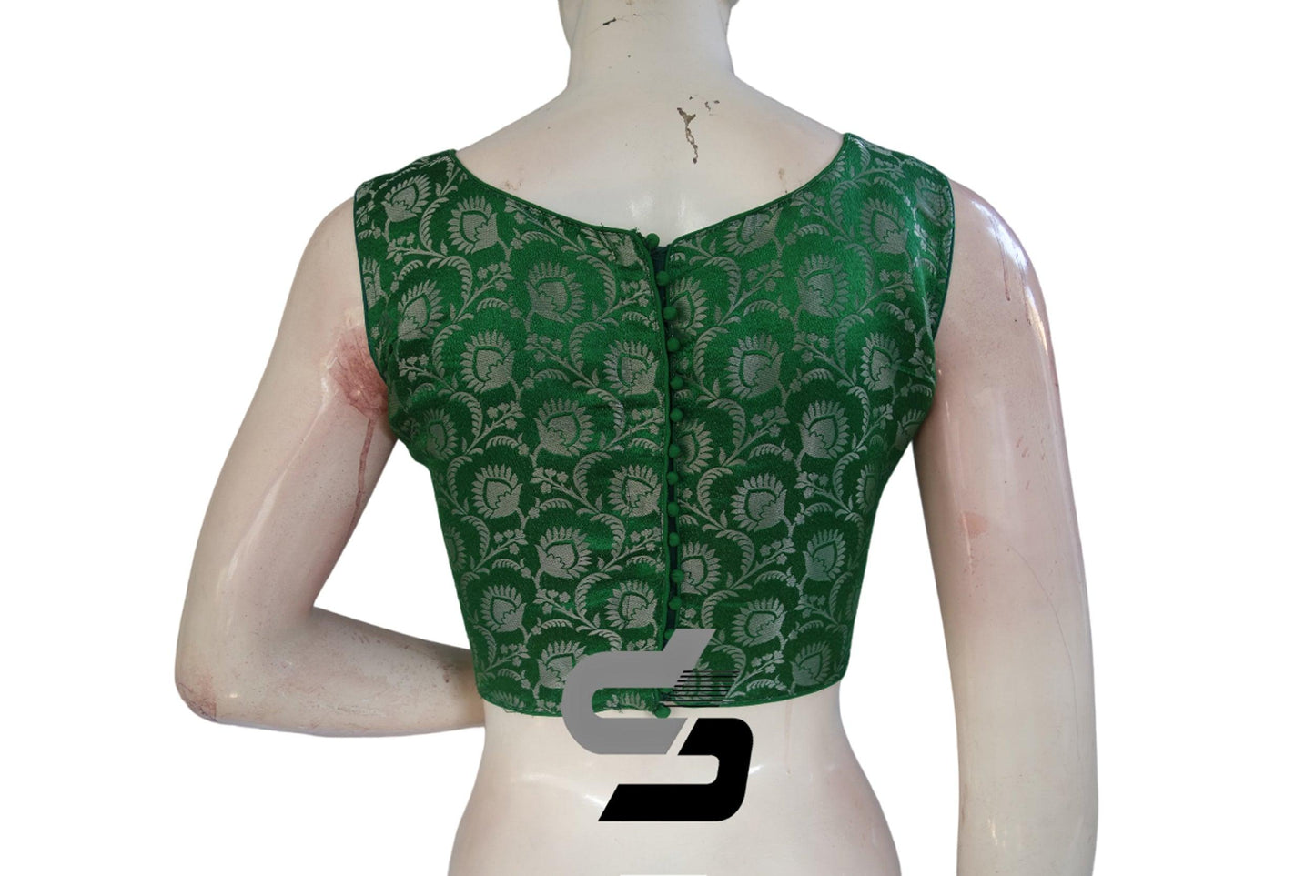 Green Color Brocade silk Readymade saree blouse, Silver Mixed Readymade Blouse - D3blouses