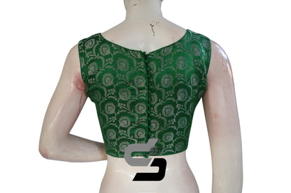 Green Color Brocade silk Readymade saree blouse, Silver Mixed Readymade Blouse - D3blouses