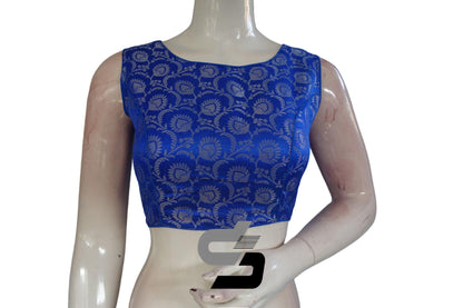 Blue Color Brocade silk Readymade saree blouse, Silver Mixed Readymade Blouse - D3blouses