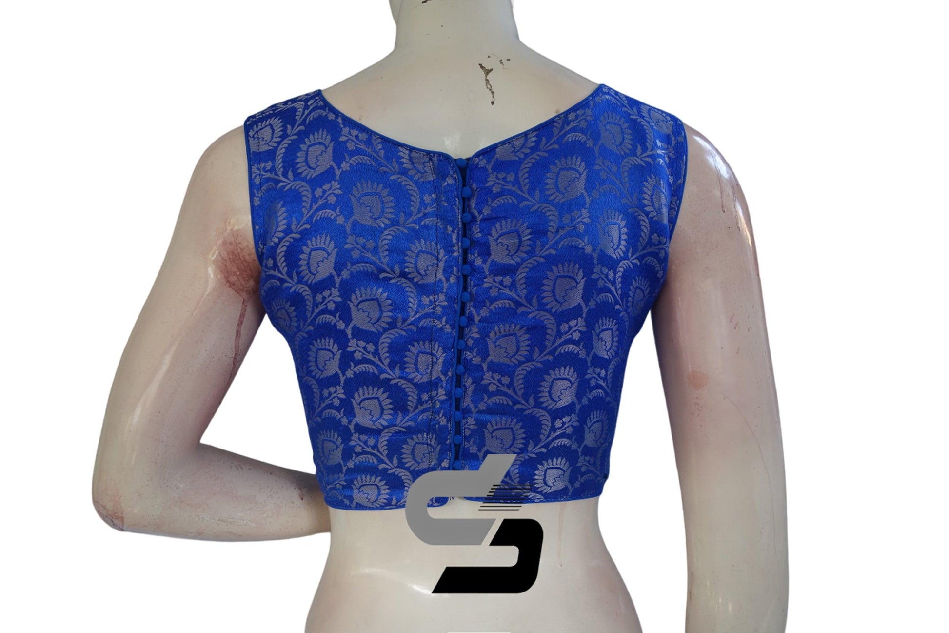 Blue Color Brocade silk Readymade saree blouse, Silver Mixed Readymade Blouse - D3blouses
