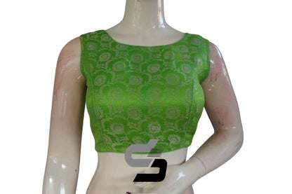 Green Color Brocade silk Readymade saree blouse, Silver Mixed Readymade Blouse - D3blouses