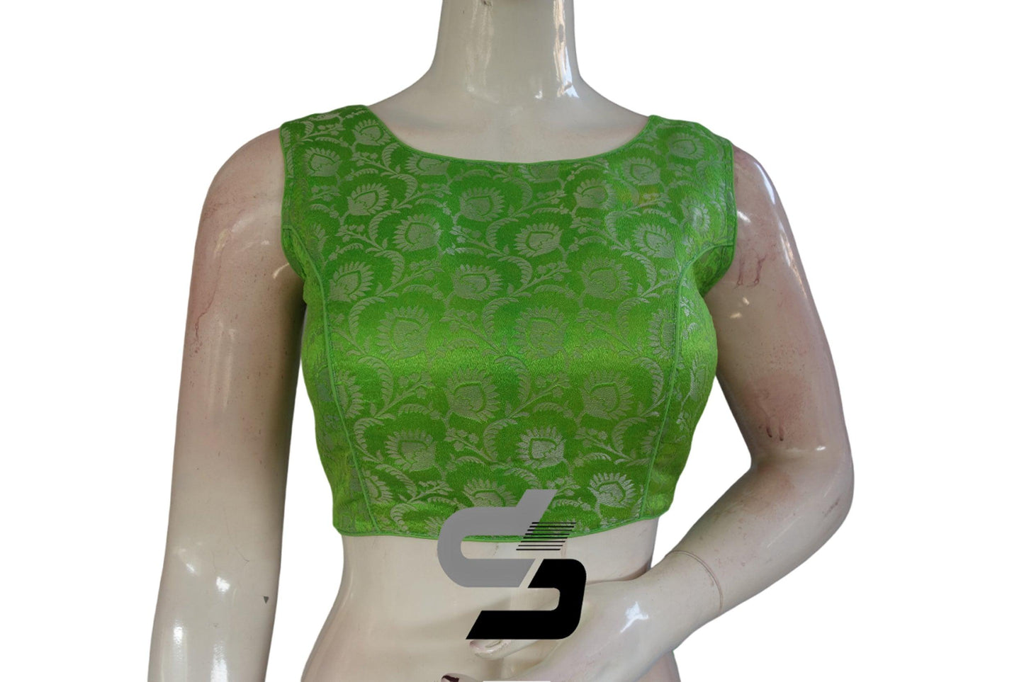 Green Color Brocade silk Readymade saree blouse, Silver Mixed Readymade Blouse - D3blouses