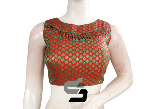 Maroon Color Boat Neck Brocade silk Readymade saree blouse, Indian Readymade blouse, Crop top, - D3blouses