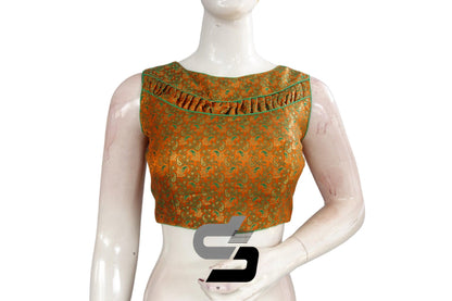 Mustard Orange Color Boat Neck Brocade silk Readymade saree blouse, Indian Readymade blouse, Crop top, - D3blouses