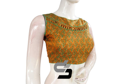 Mustard Orange Color Boat Neck Brocade silk Readymade saree blouse, Indian Readymade blouse, Crop top, - D3blouses