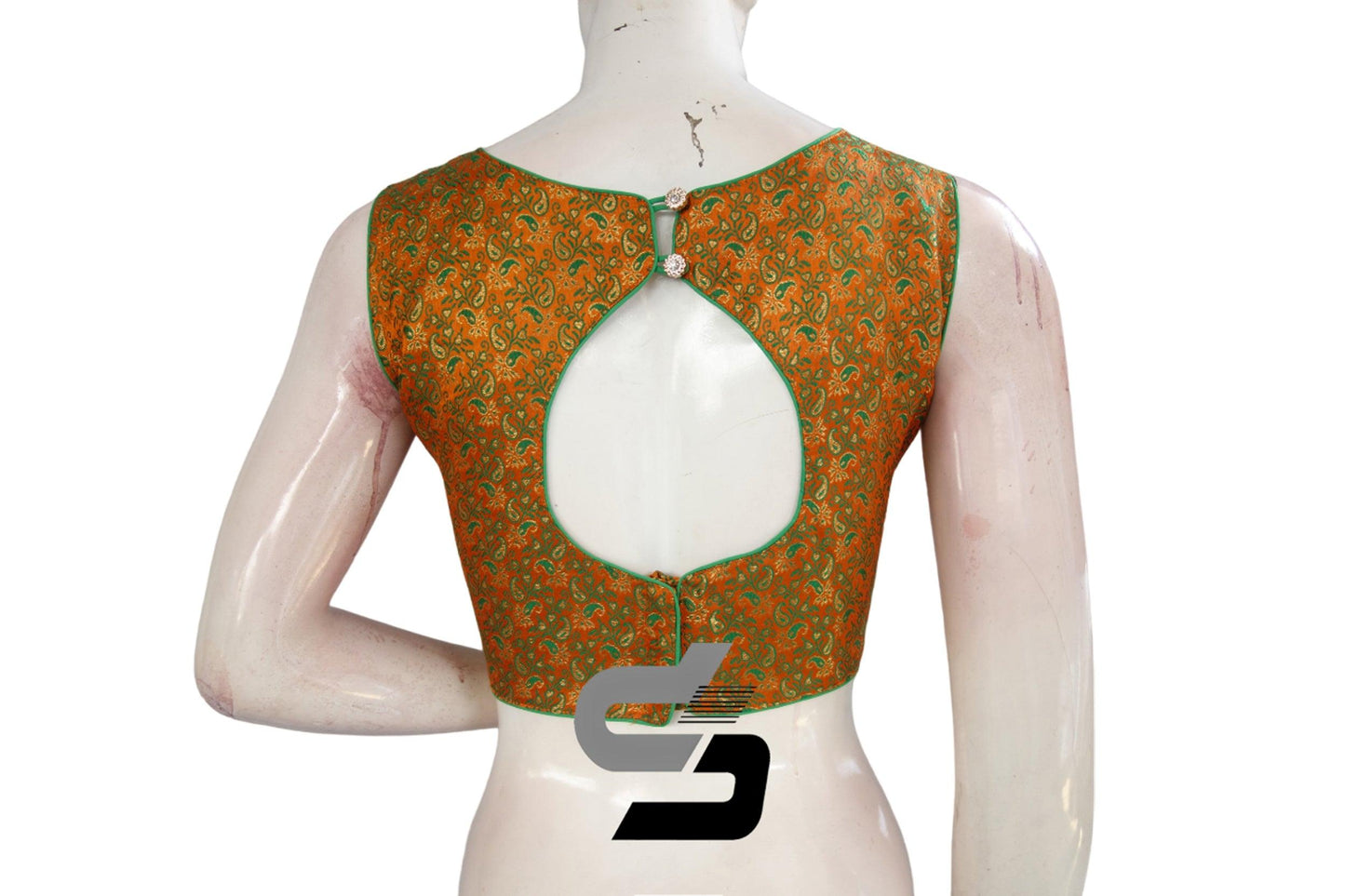 Mustard Orange Color Boat Neck Brocade silk Readymade saree blouse, Indian Readymade blouse, Crop top, - D3blouses
