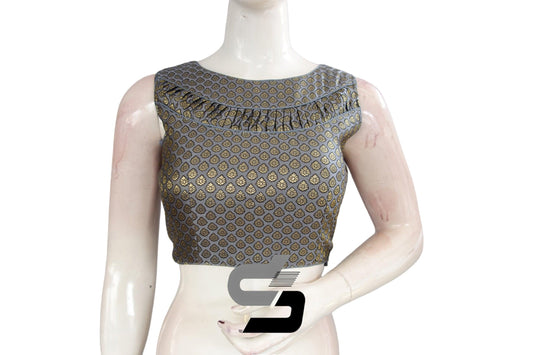 Grey Color Boat Neck Brocade silk Readymade saree blouse, Indian Readymade blouse, Crop top, - D3blouses