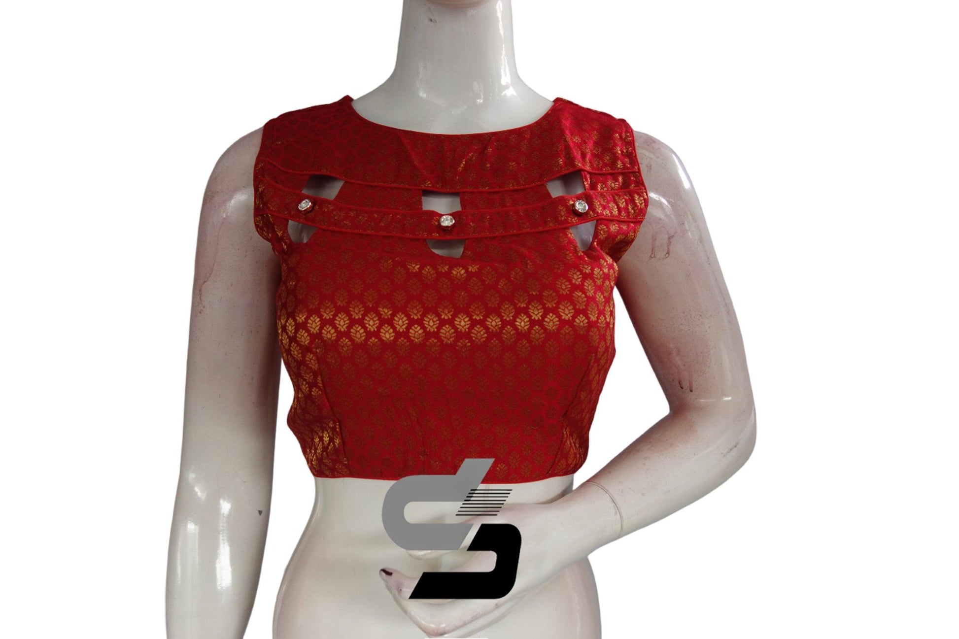 Red Color Boat Neck Brocade silk Readymade saree blouse, Indian Readymade blouse, Crop top, - D3blouses