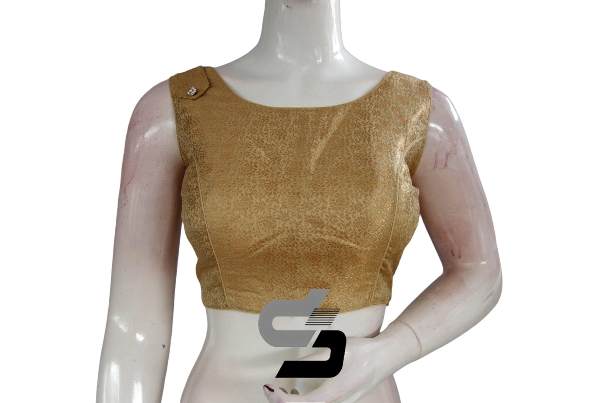 Gold Color Boat Neck Brocade silk Readymade saree blouse, Indian Readymade blouse, Crop top, - D3blouses