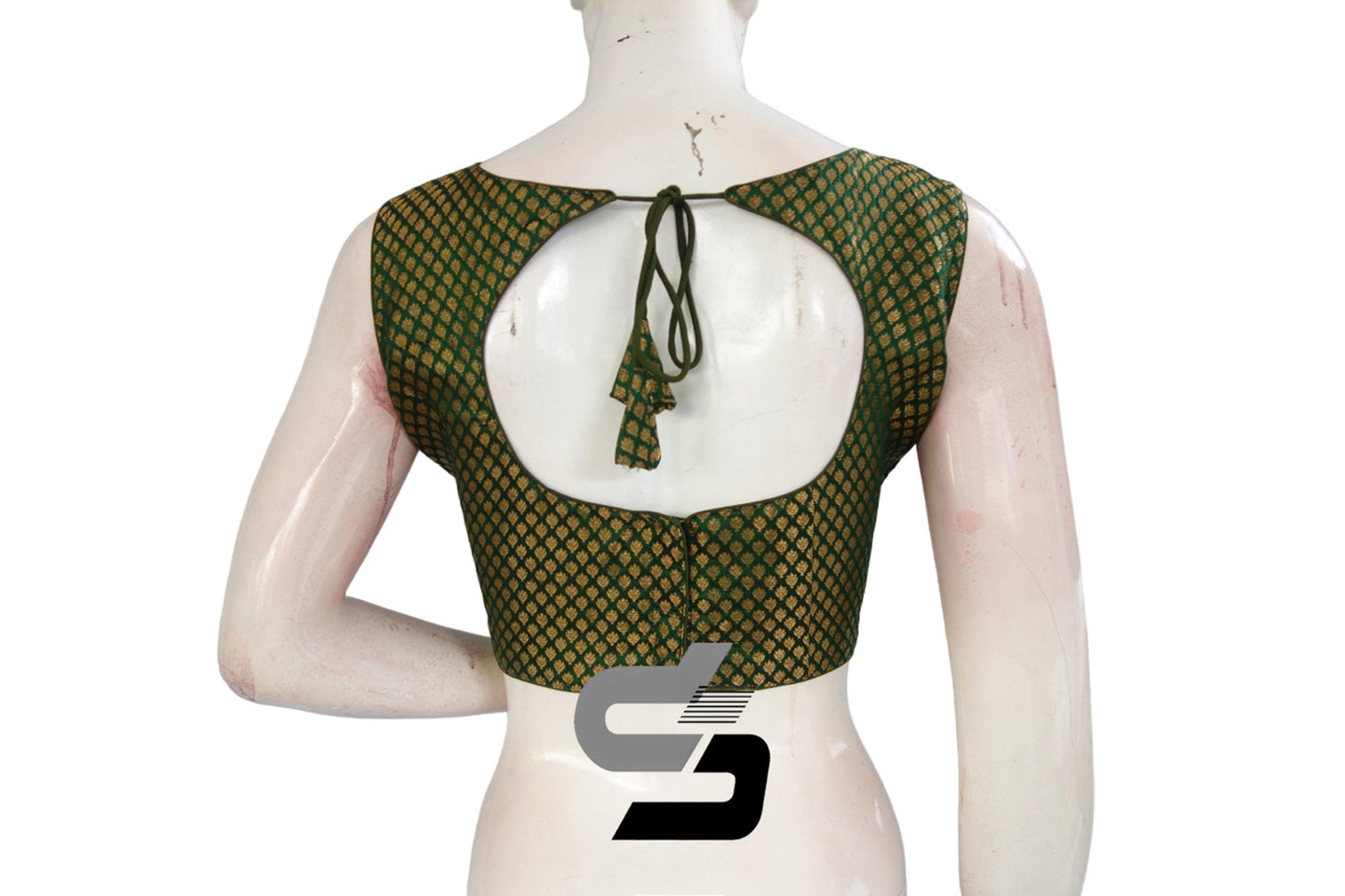 Green Color Boat Neck Brocade silk Readymade saree blouse, Indian Readymade blouse, Crop top, - D3blouses