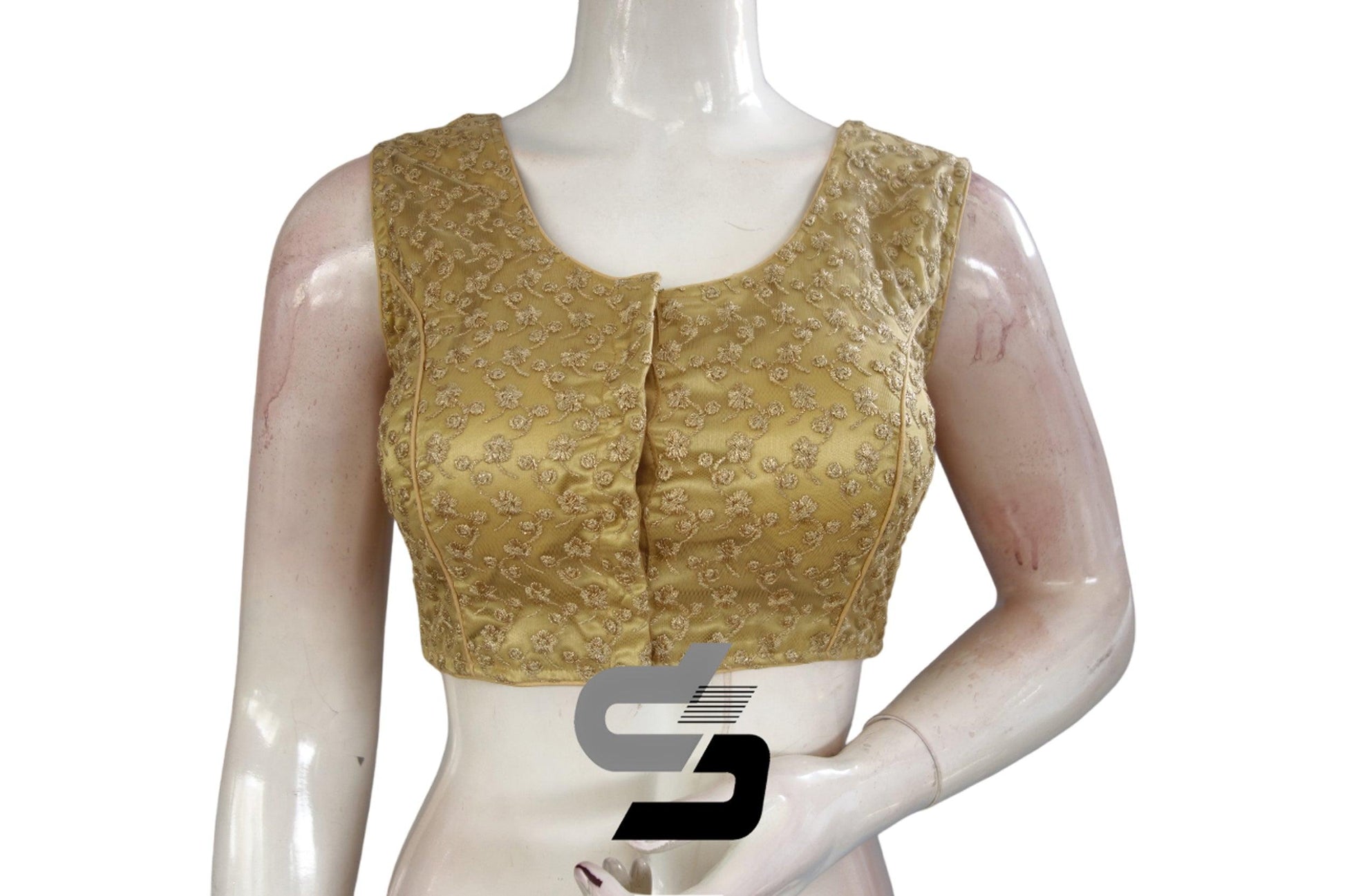 Gold Color Sleeveless Netted Embroidery Designer Party Wear Readymade Blouse/ Indian Crop Tops - D3blouses