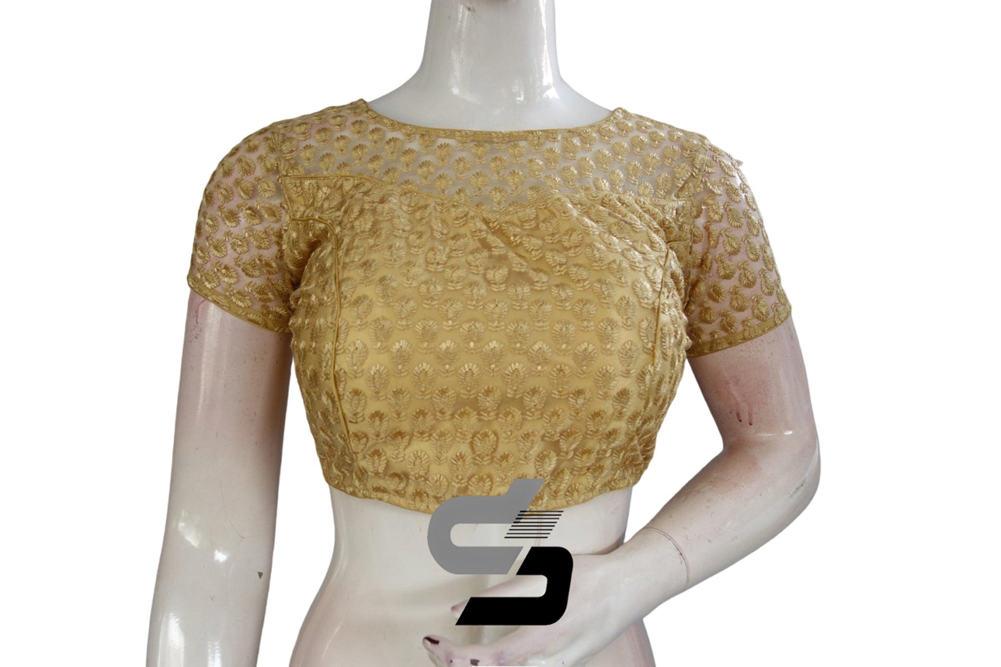 Gold Color Boat Neck Designer Embroidery Netted Readymade Saree Blouse - D3blouses