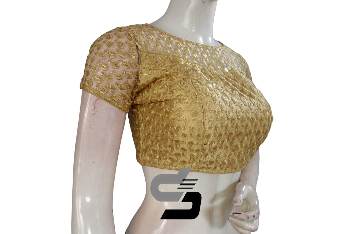 Gold Color Boat Neck Designer Embroidery Netted Readymade Saree Blouse - D3blouses