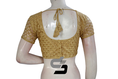 Gold Color Boat Neck Designer Embroidery Netted Readymade Saree Blouse - D3blouses