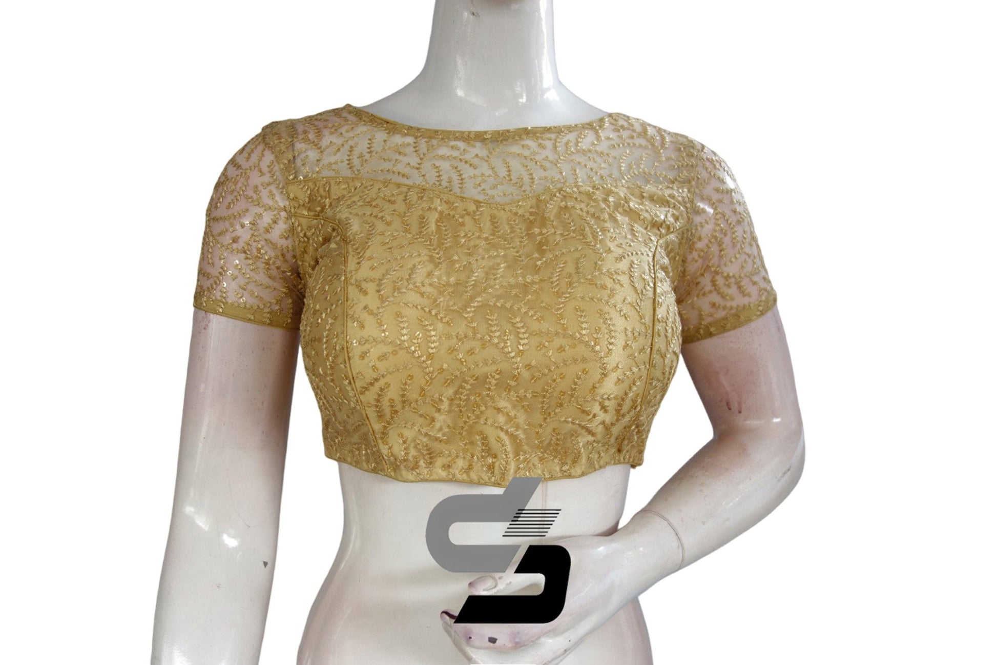 Gold Color Boat Neck Designer Embroidery Netted Readymade Saree Blouse - D3blouses