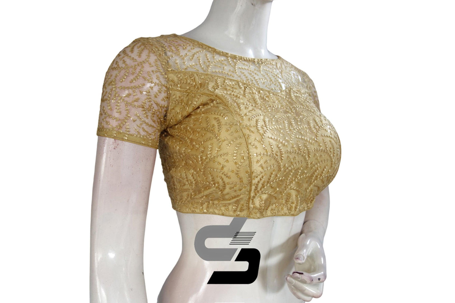 Gold Color Boat Neck Designer Embroidery Netted Readymade Saree Blouse - D3blouses