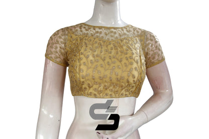 Gold Color Boat Neck Designer Embroidery Netted Readymade Saree Blouse - D3blouses