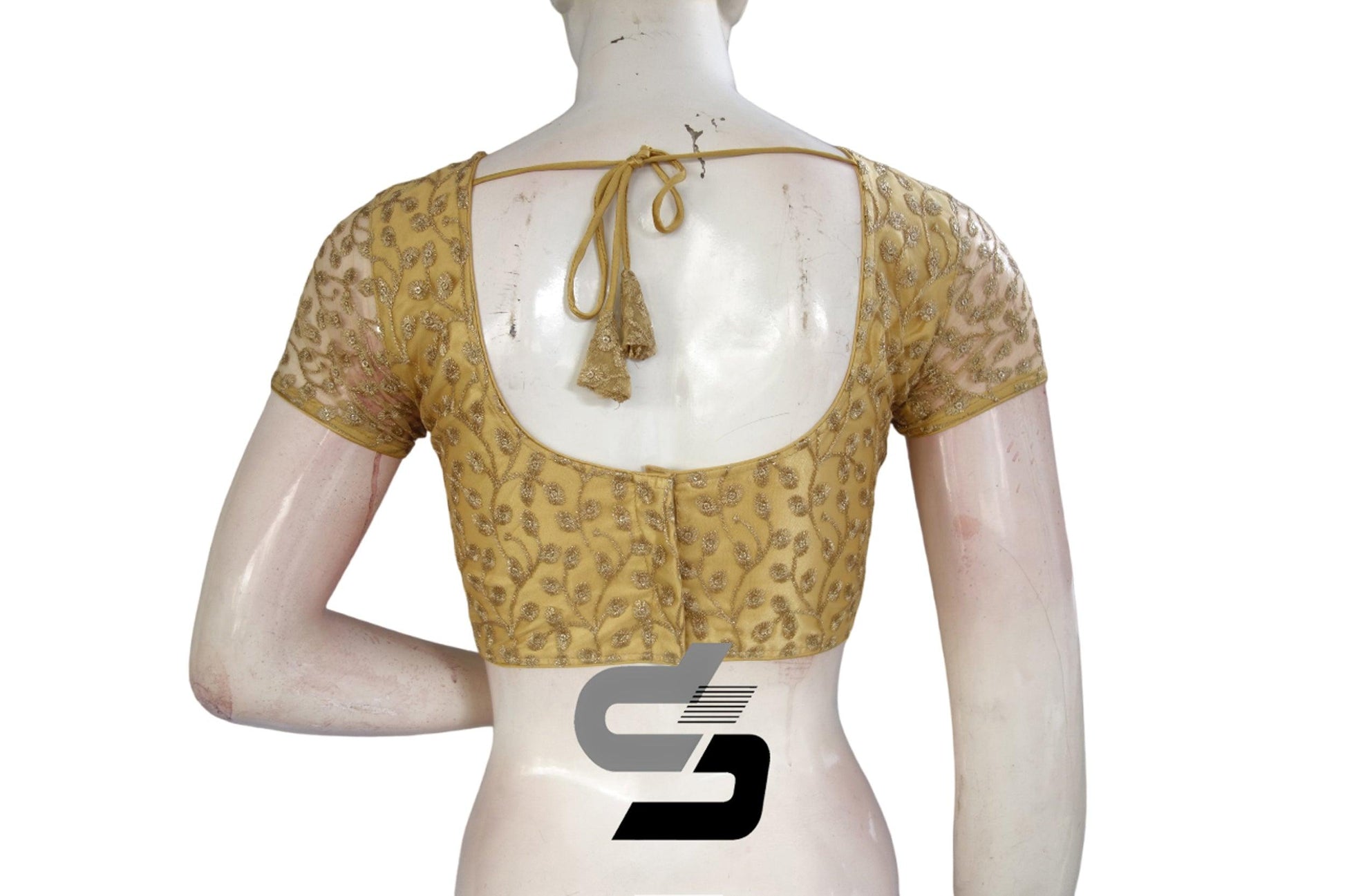 Gold Color Boat Neck Designer Embroidery Netted Readymade Saree Blouse - D3blouses