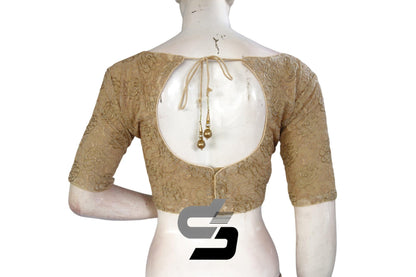 Gold Color Boat Neck Designer Embroidery Netted Readymade Saree Blouse - D3blouses