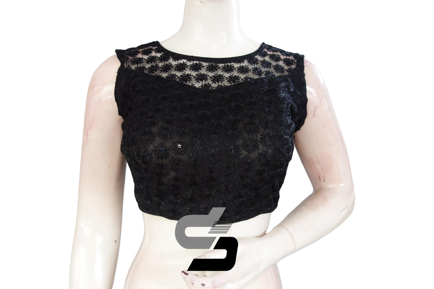 Black Color Netted Sleeveless Readymade Saree Blouse - D3blouses
