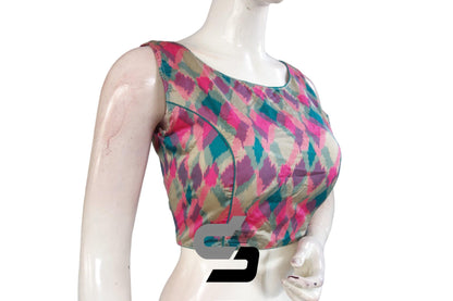 Printed Silk Multi Color Boat neck Designer Readymade Blouse - D3blouses