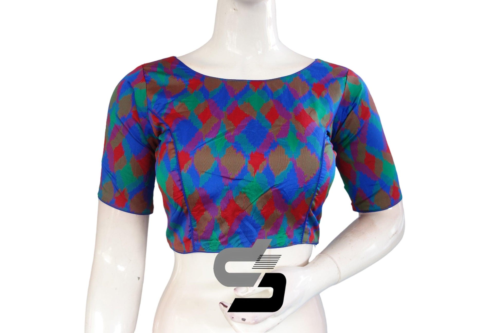 Printed Silk Multi Color Boat Neck Designer Readymade Blouse - D3blouses