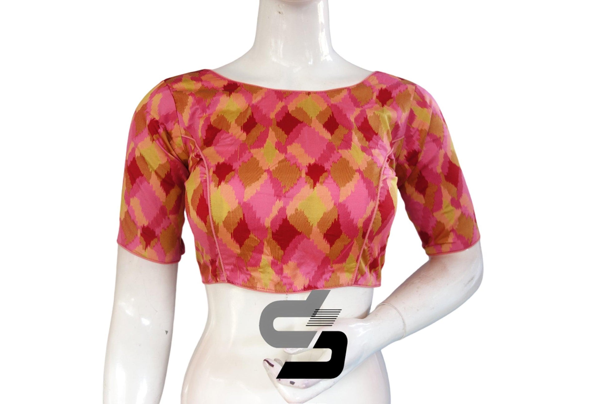 Printed Silk Multi Color Boat Neck Designer Readymade Blouse - D3blouses