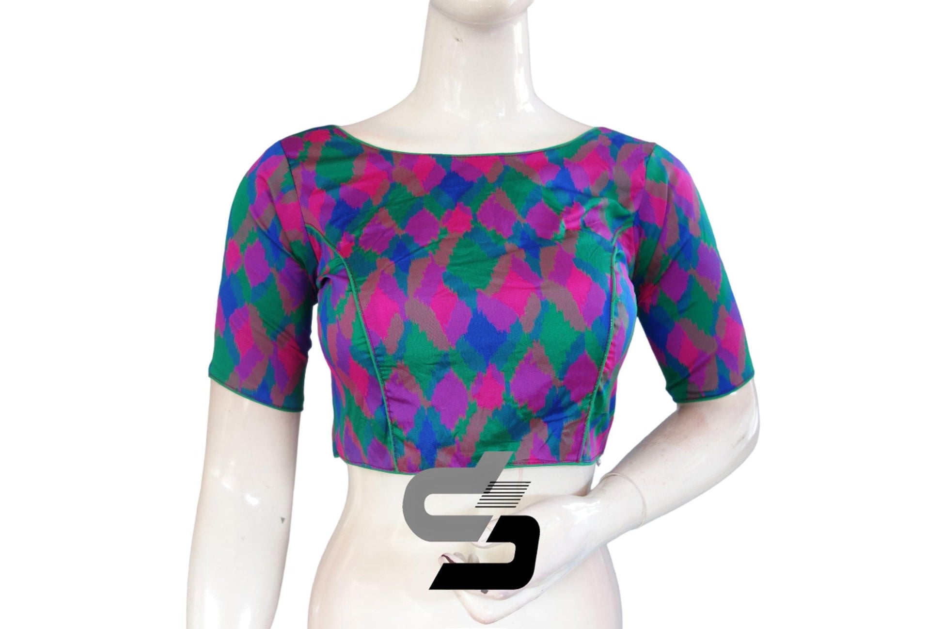 Printed Silk Multi Color Boat Neck Designer Readymade Blouse - D3blouses