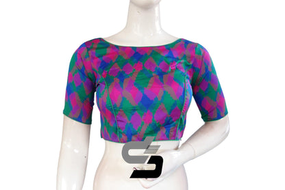 Printed Silk Multi Color Boat Neck Designer Readymade Blouse - D3blouses