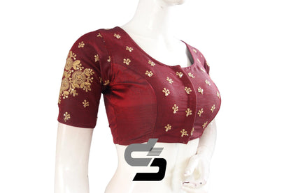 Red Wine Color High Neck Semi Silk Designer Embroidery Readymade Saree Blouse - D3blouses