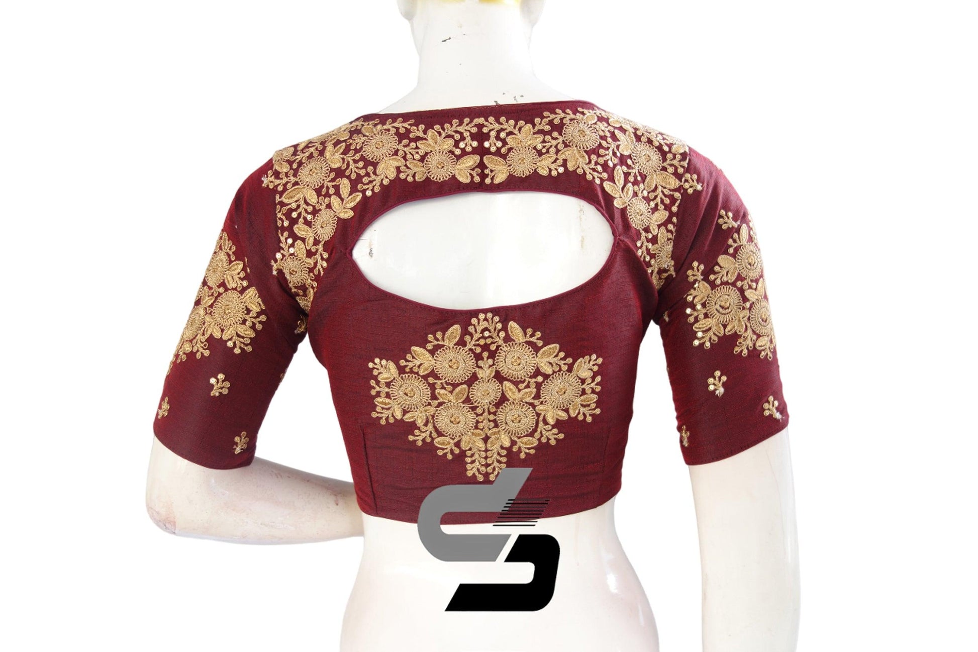 Red Wine Color High Neck Semi Silk Designer Embroidery Readymade Saree Blouse - D3blouses