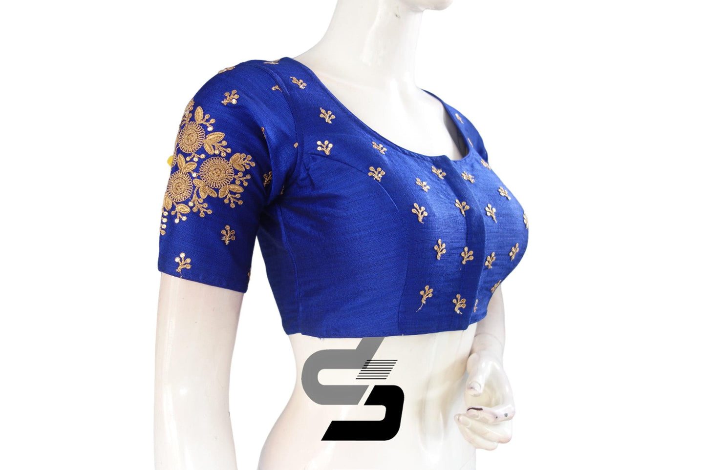 Royal Blue Color High Neck Semi Silk Designer Embroidery Readymade Saree Blouse - D3blouses