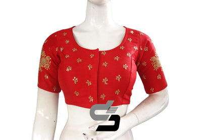 Red Color High Neck Semi Silk Designer Embroidery Readymade Saree Blouse - D3blouses