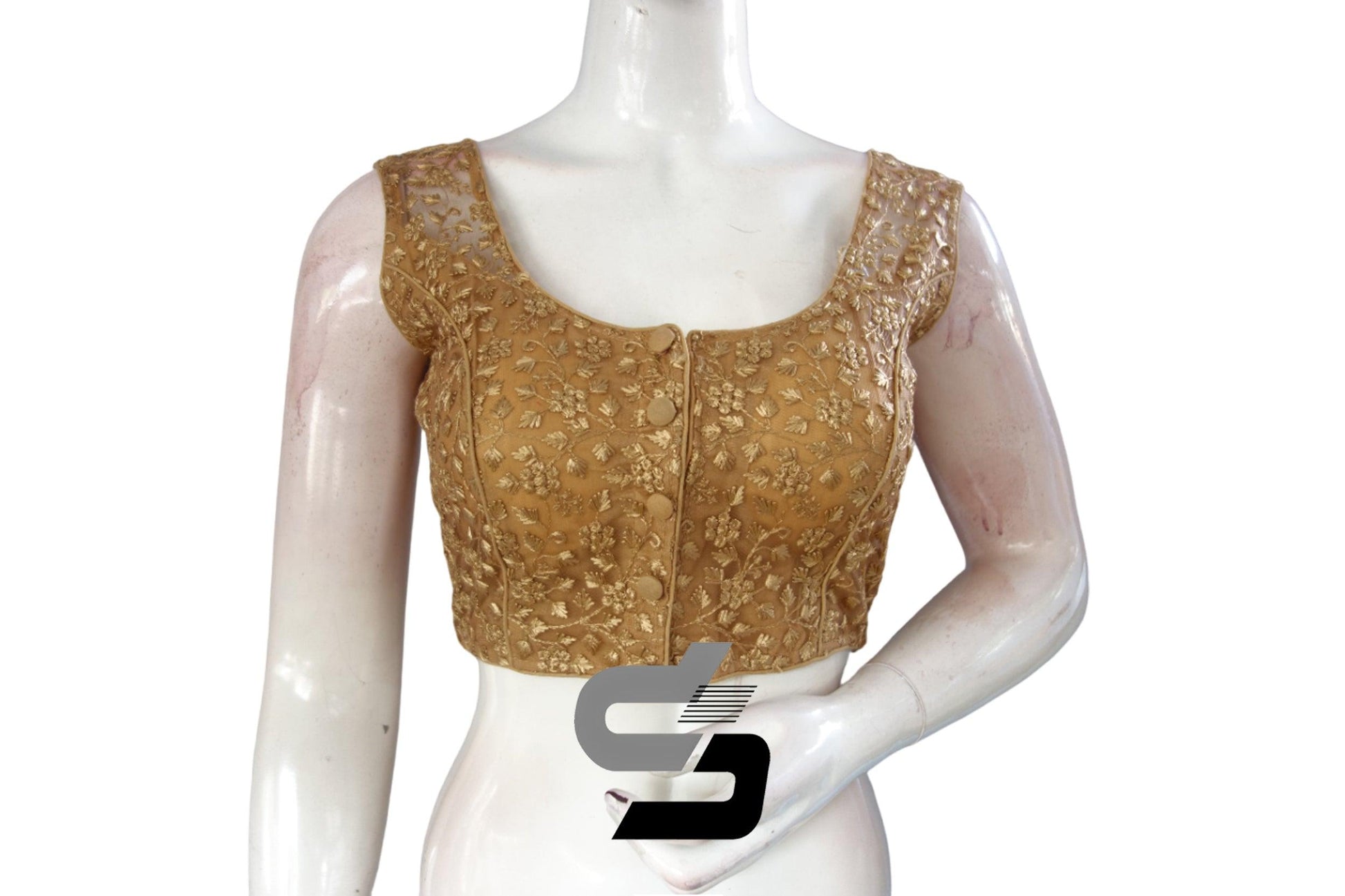 Gold Color Netted Embroidery Designer Readymade Blouse - D3blouses