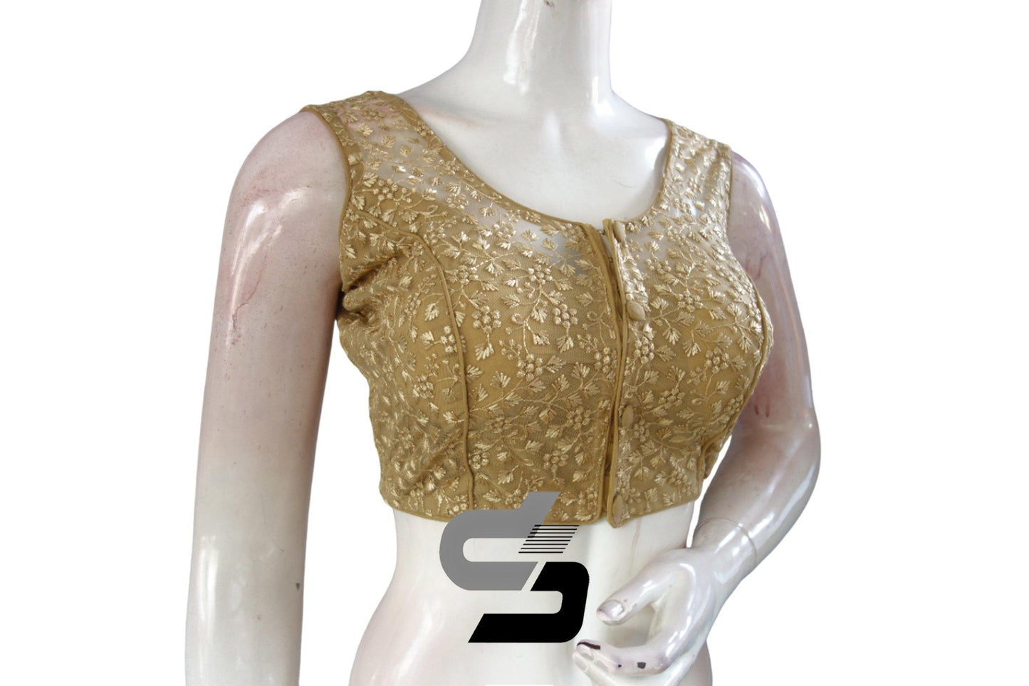 Gold Color Netted Embroidery Designer Readymade Blouse - D3blouses