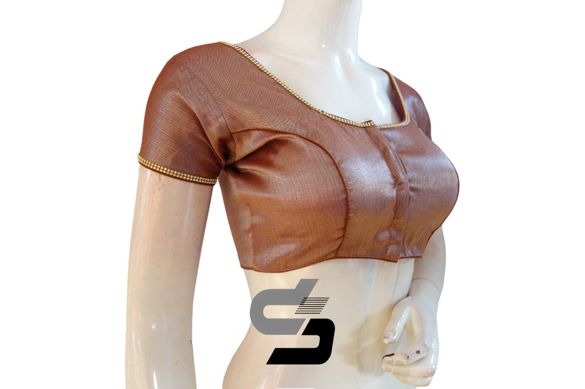 Terracotta Temptation: Discover Elegance with Plain Tissue Readymade Blouses Adorned with Stunning Stone Work. Perfect for Enhancing Your Saree Ensemble with a Touch of Glamour.