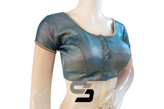 Cerulean Charm: Elevate Your Style with Plain Tissue Readymade Blouses Featuring Exquisite Stone Work. Perfect for a Graceful and Sophisticated Saree Look.