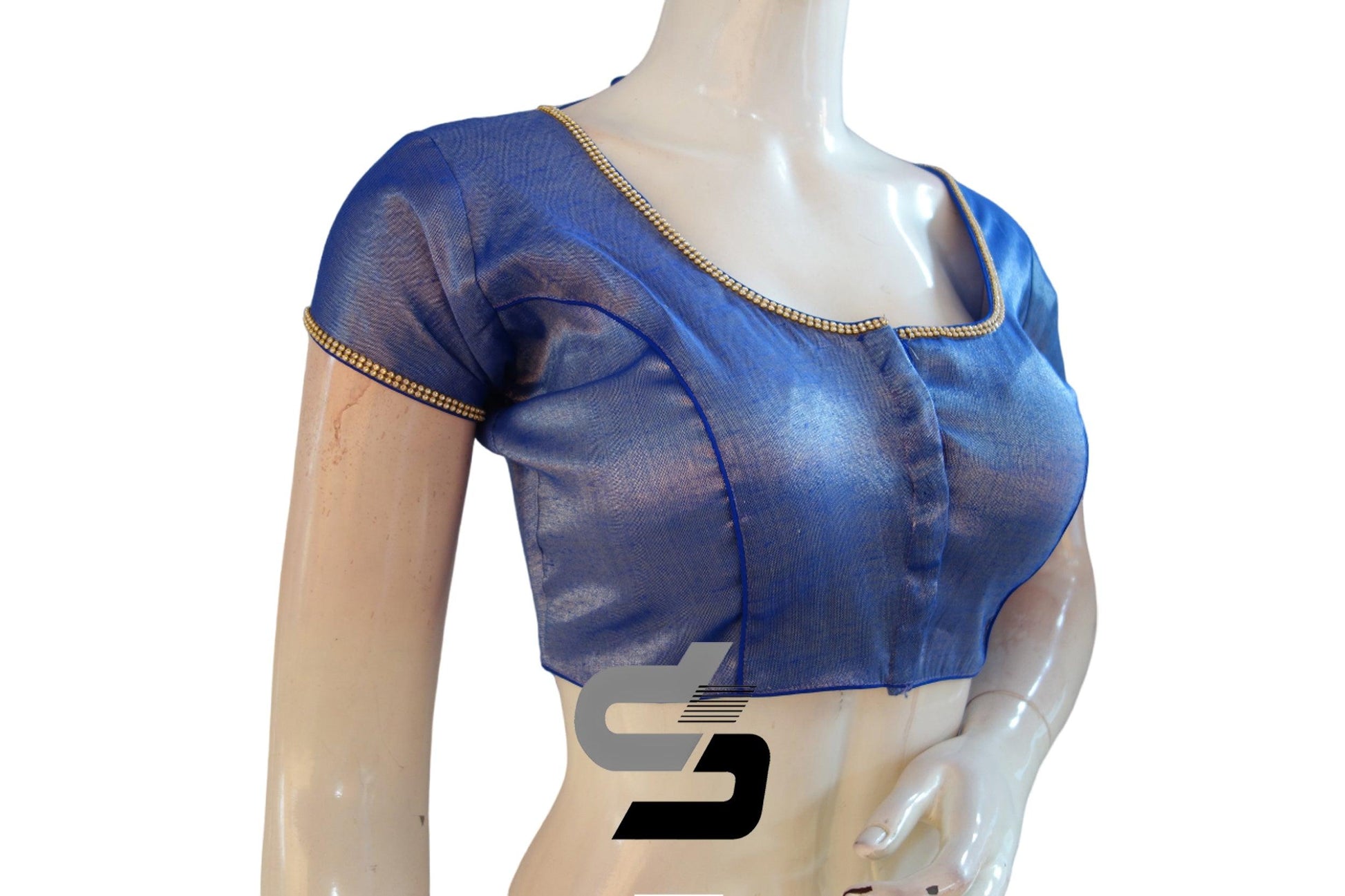 Royal Blue Color Plain Tissue Readymade Blouses With Stone Work - D3blouses